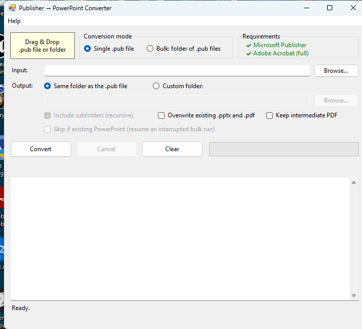 PubToPptx main window: conversion mode selector, requirements checks, drag and drop, output options, and live conversion log